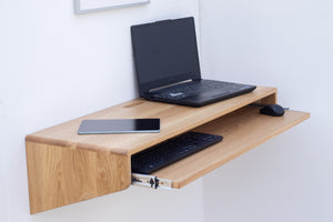 Home office floating desk with keyboard tray and a cable hole on the top, made of high quality solid oak.