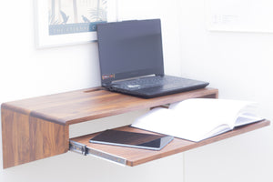 Home office floating desk with keyboard tray made of solid oak or walnut